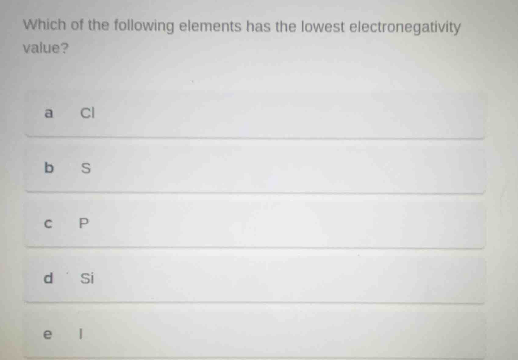 which of the following elements has the lowest electronegativity value?…