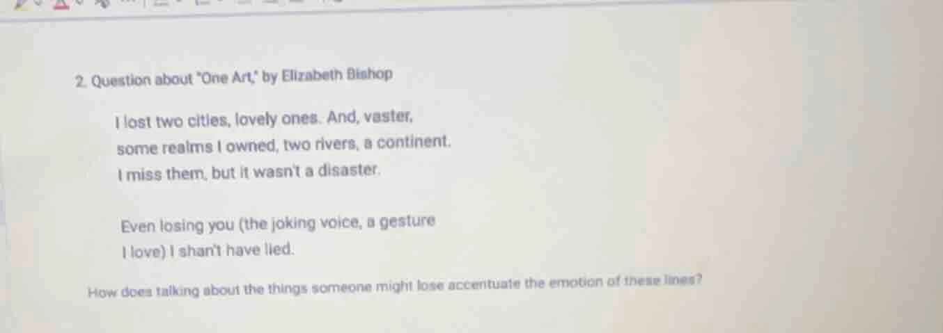 2. question about \one art,\ by elizabeth bishop i lost two cities, lov…