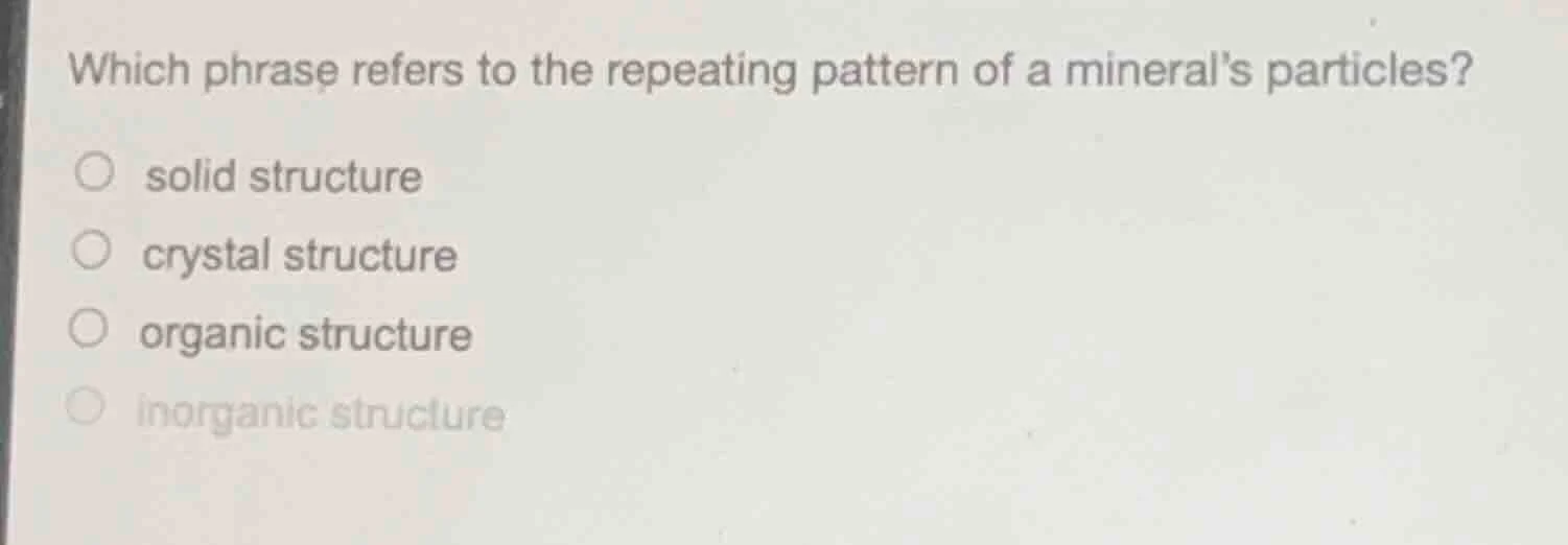 which phrase refers to the repeating pattern of a mineral’s particles? …