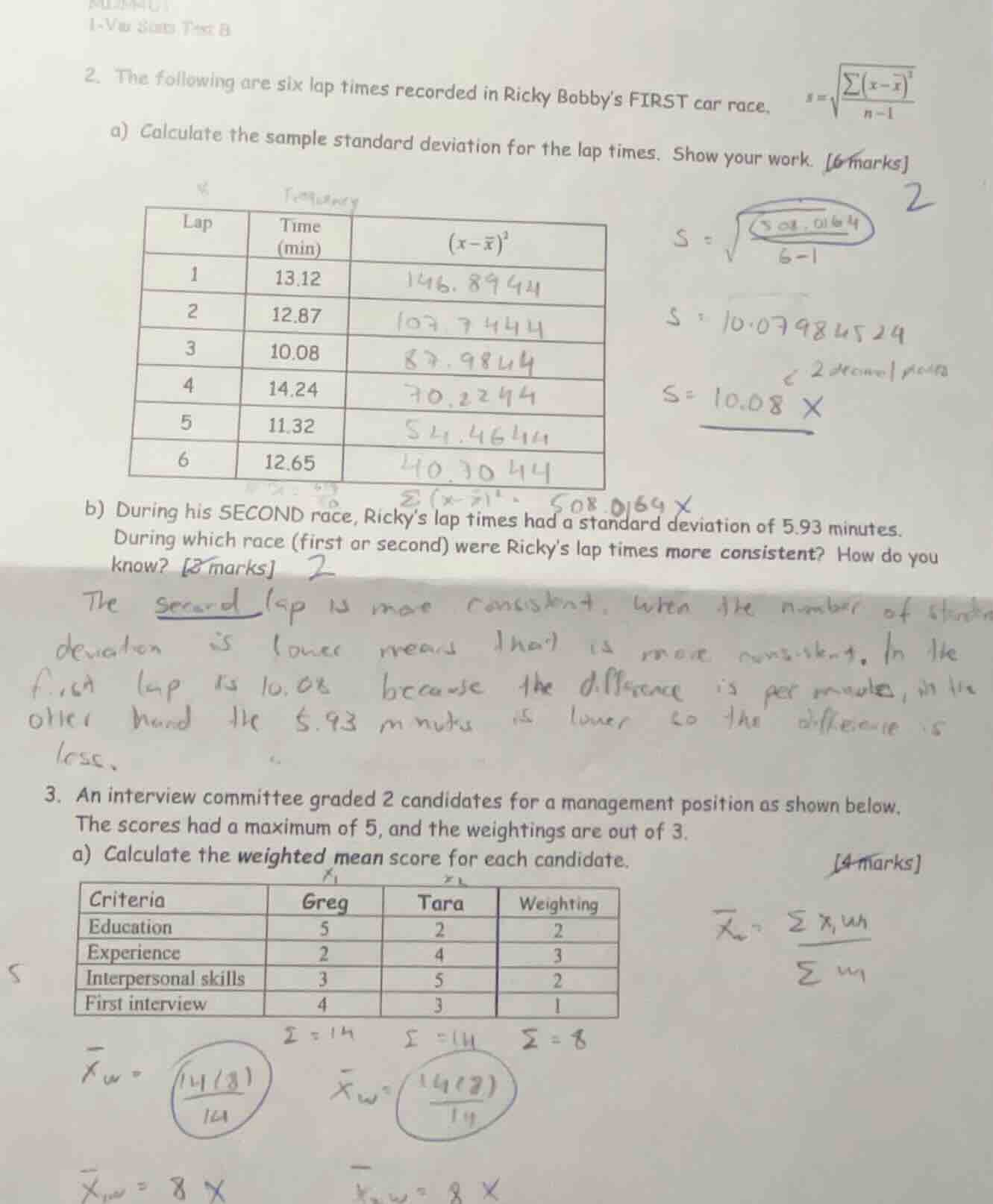 2. the following are six lap times recorded in ricky bobbys first car r…