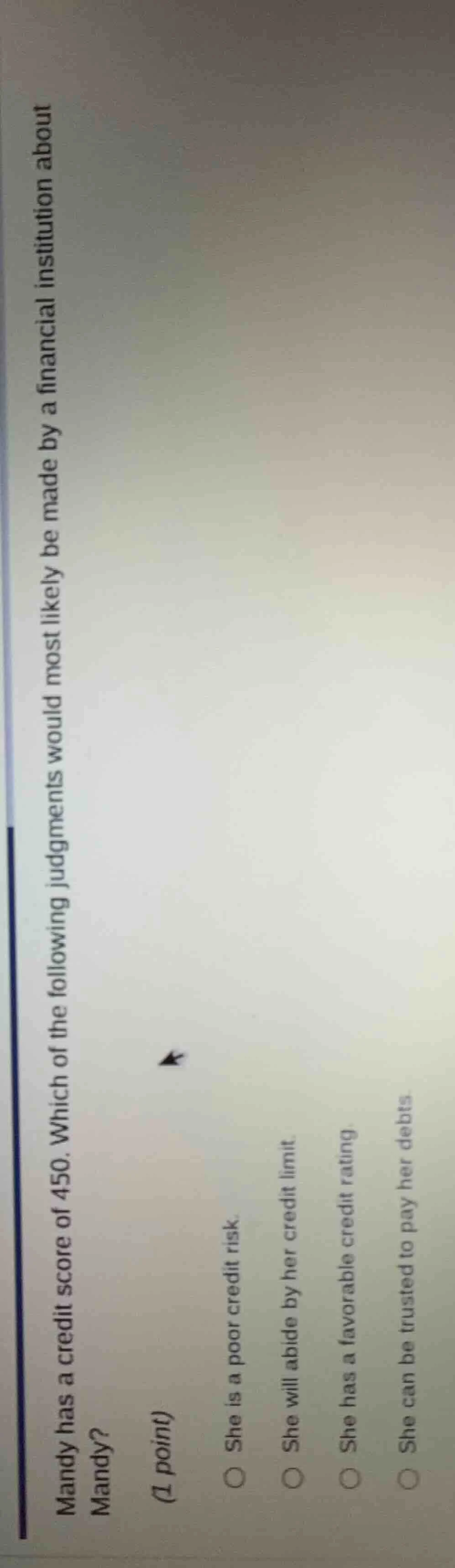 mandy has a credit score of 450. which of the following judgments would…