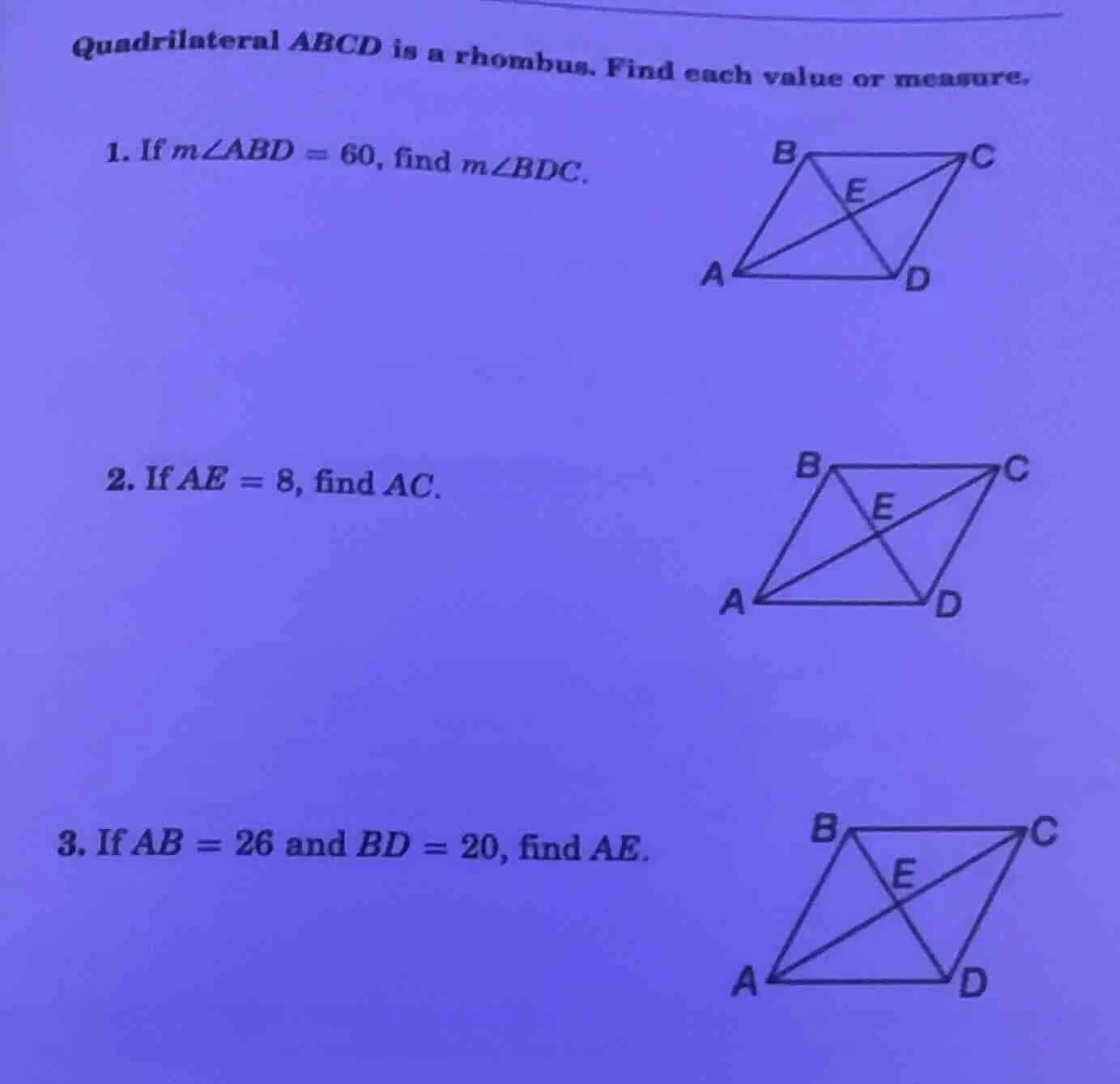 quadrilateral abcd is a rhombus. find each value or measure. 1. if ( ma…