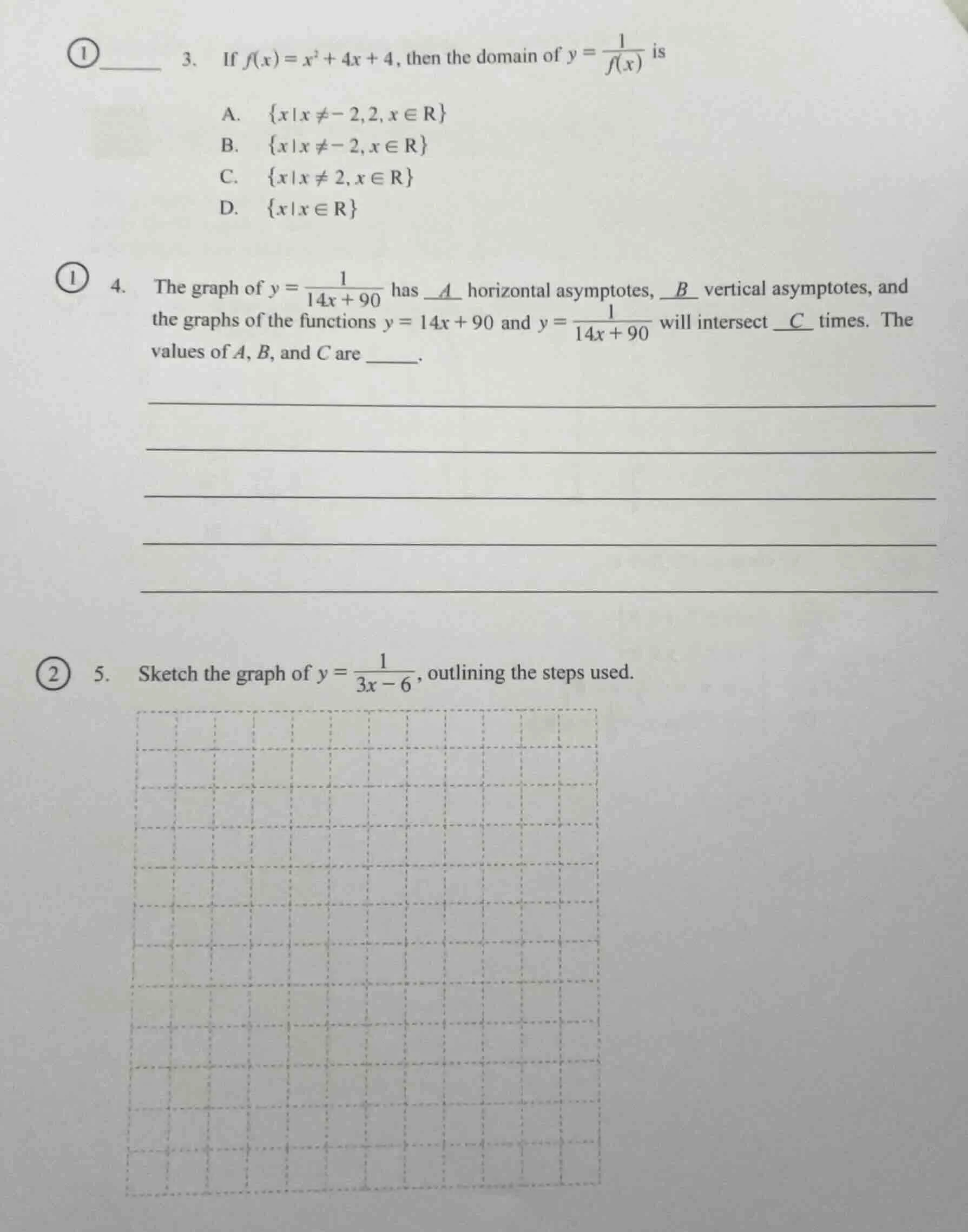 3. if $f(x)=x^2 + 4x + 4$, then the domain of $y = \\frac{1}{f(x)}$ is …