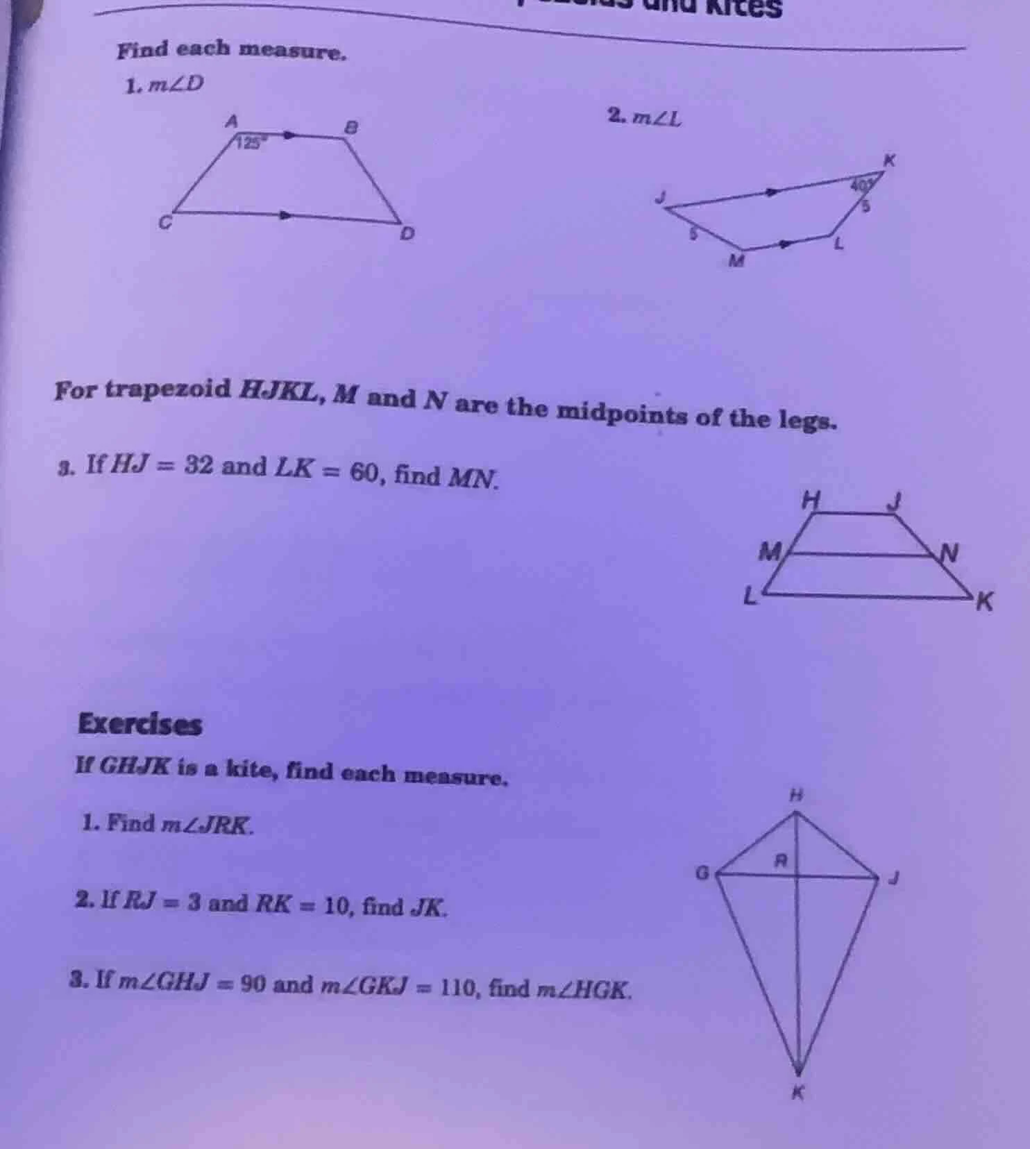 find each measure. 1. ( mangle d ) 2. ( mangle l ) for trapezoid ( hjkl…