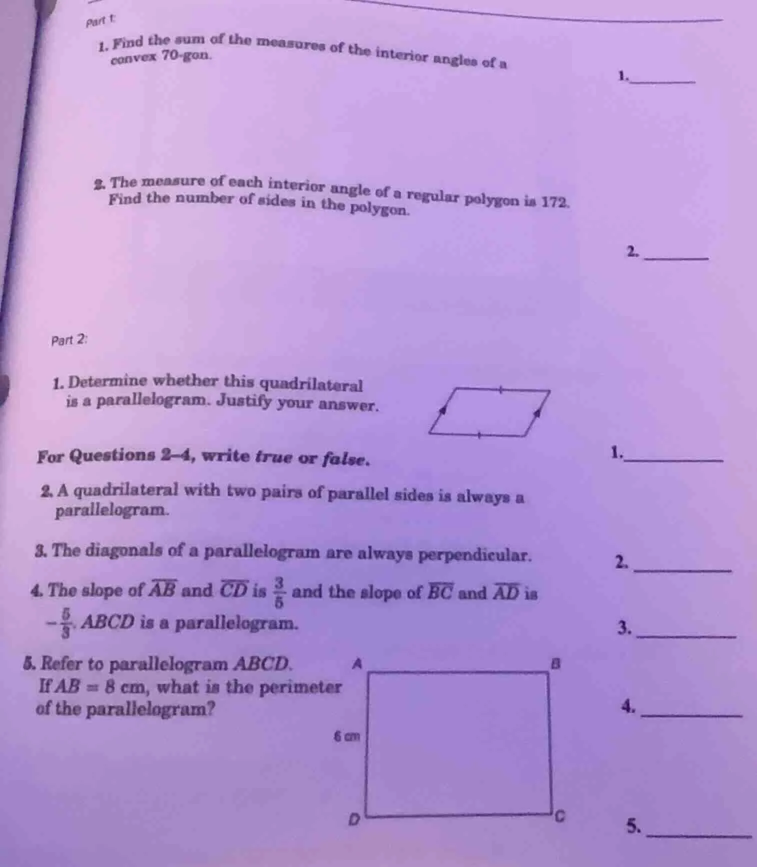 part 1: 1. find the sum of the measures of the interior angles of a con…