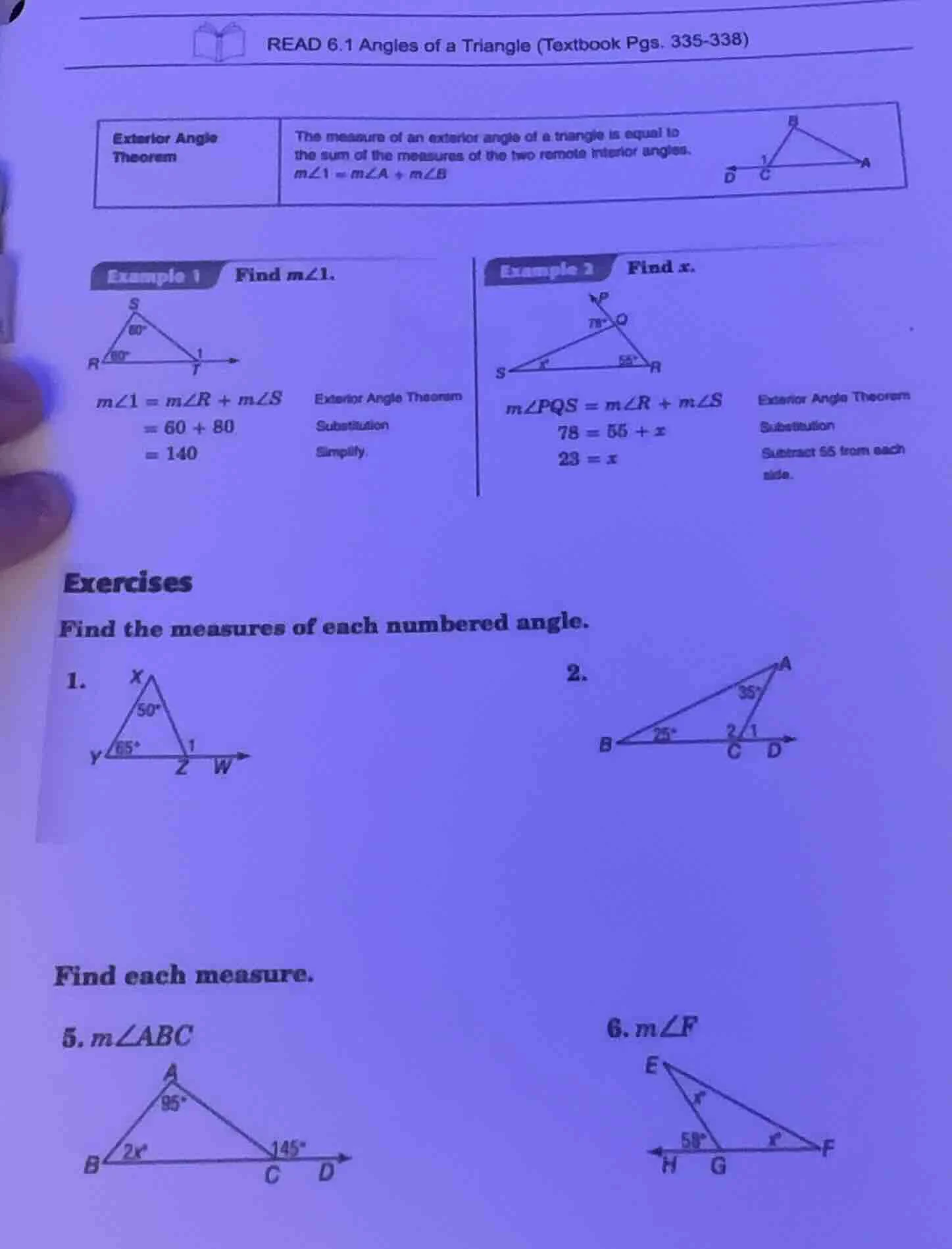 read 6.1 angles of a triangle (textbook pgs. 335-338) exterior angle th…