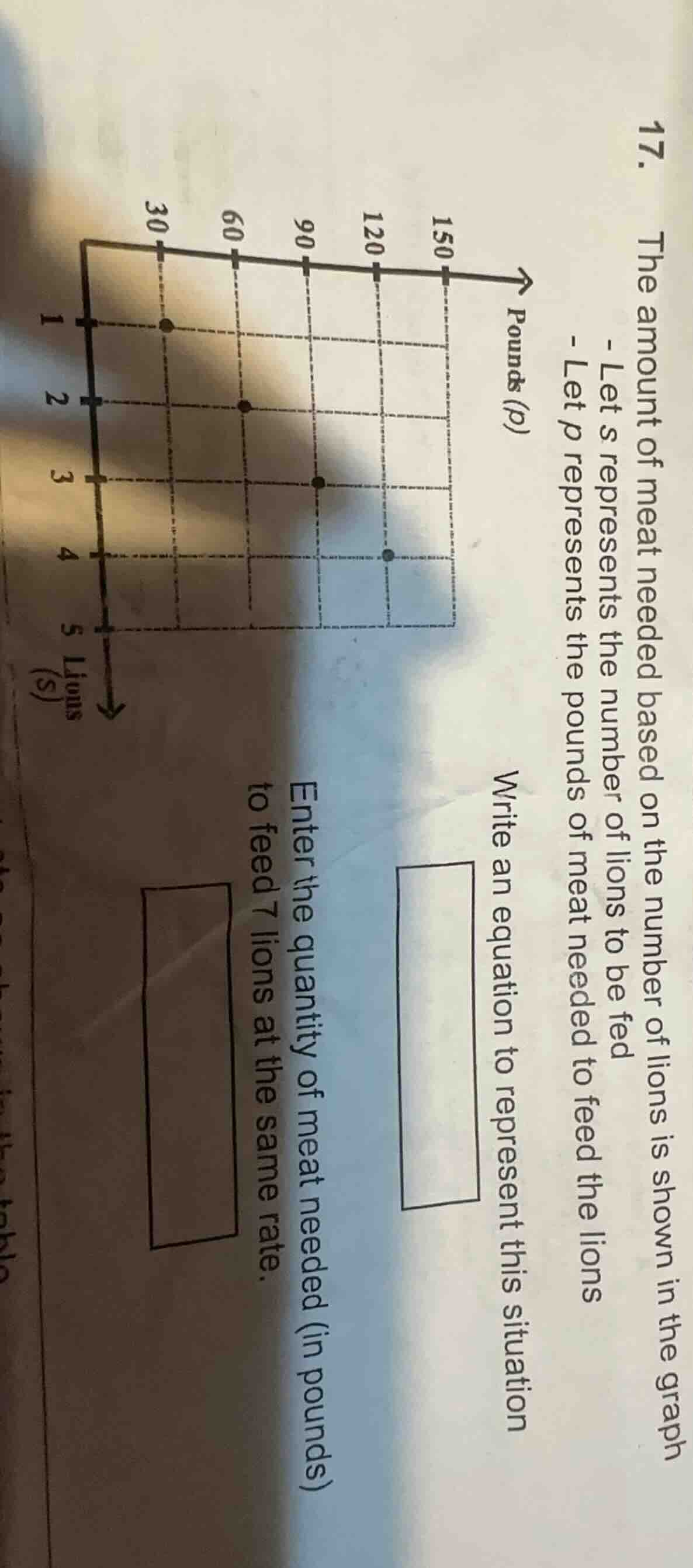 17. the amount of meat needed based on the number of lions is shown in …