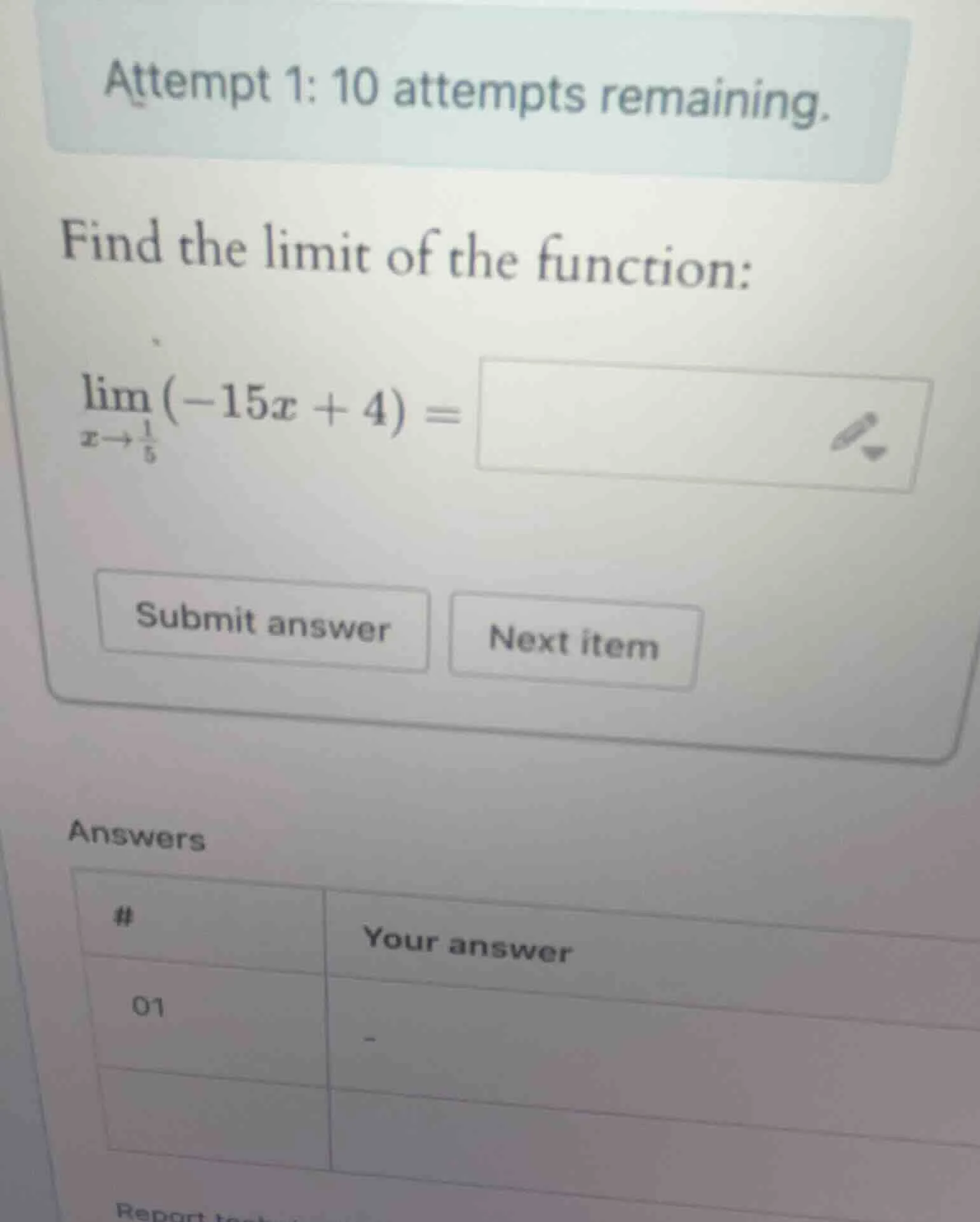 attempt 1: 10 attempts remaining. find the limit of the function: \\(\\…