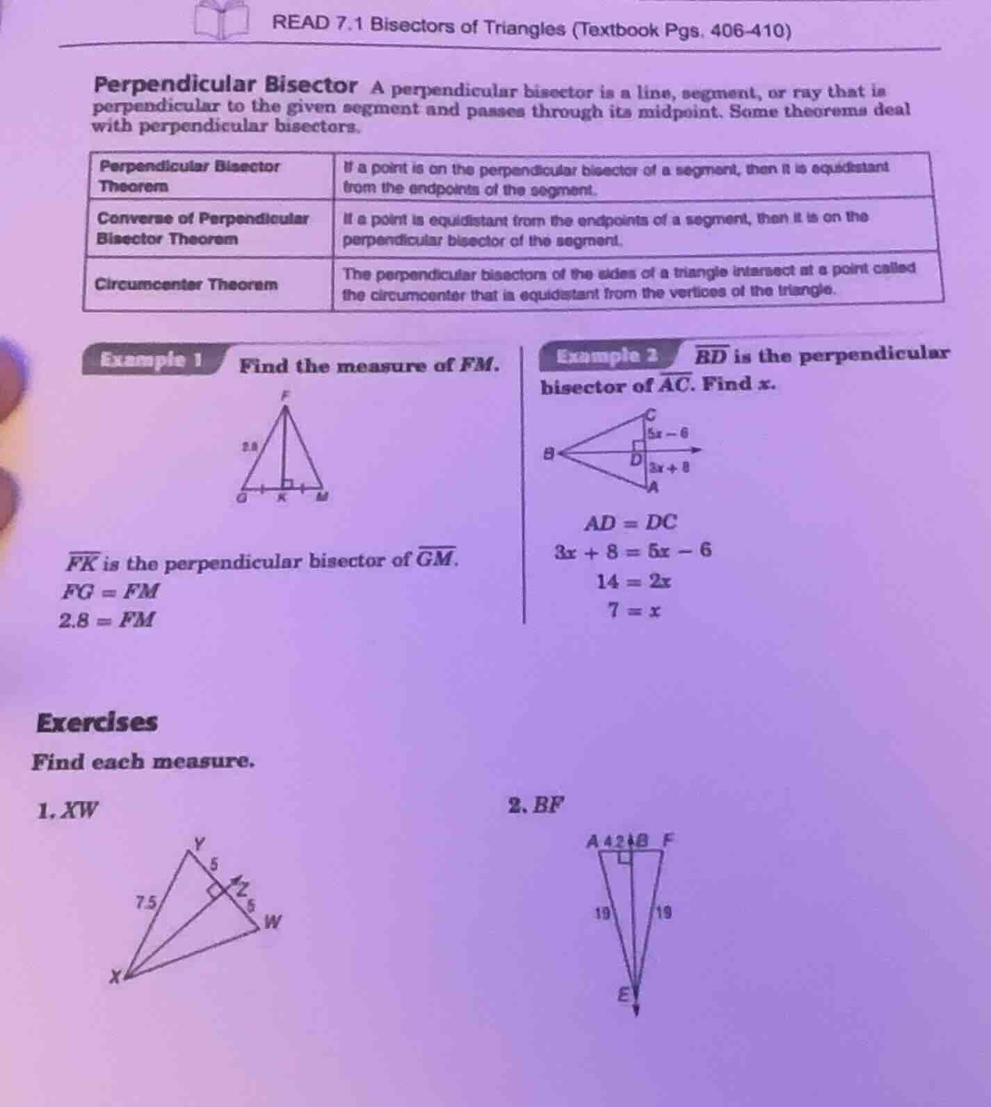 read 7.1 bisectors of triangles (textbook pgs. 406-410) perpendicular b…