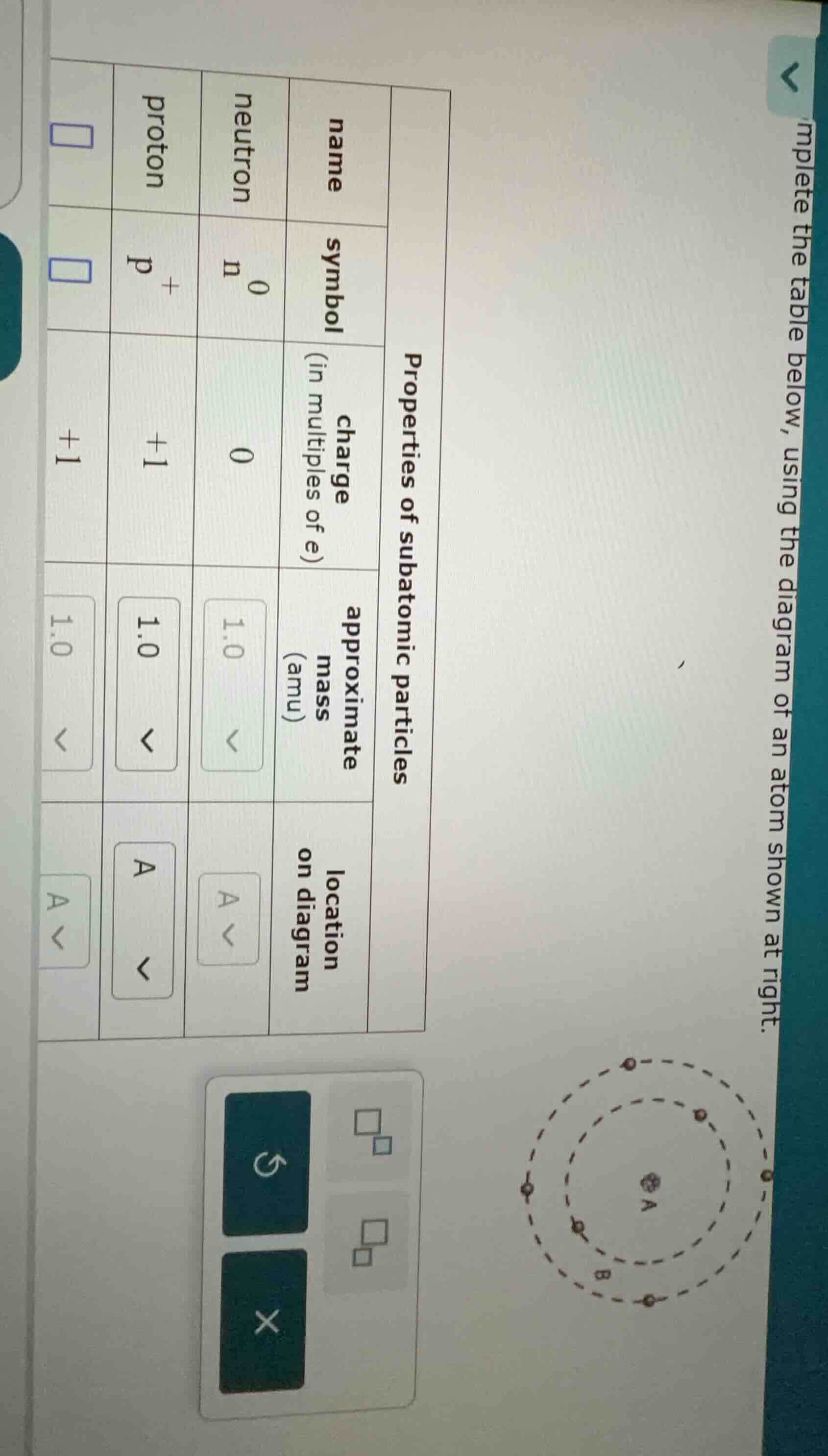mplete the table below, using the diagram of an atom shown at right. pr…