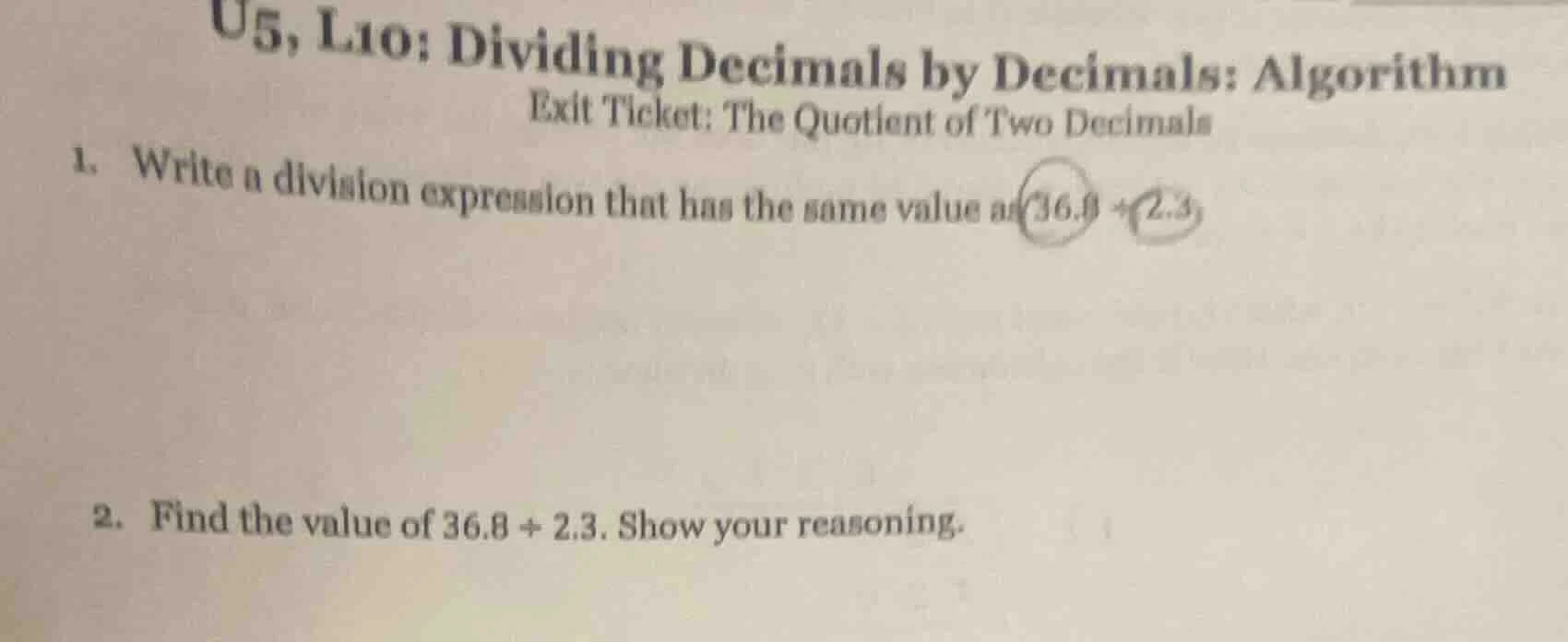 u5, l10: dividing decimals by decimals: algorithm exit ticket: the quot…