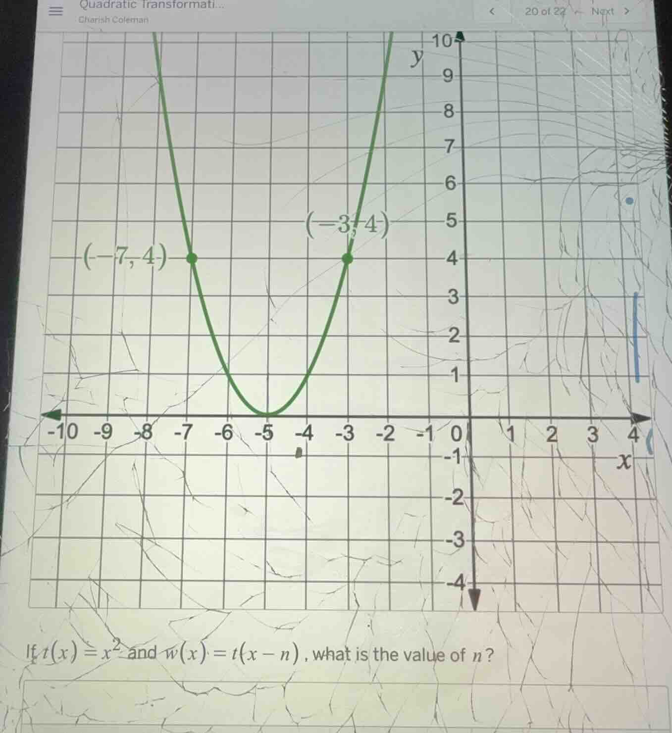 if $t(x) = x^2$ and $w(x) = t(x - n)$, what is the value of $n$? the gr…