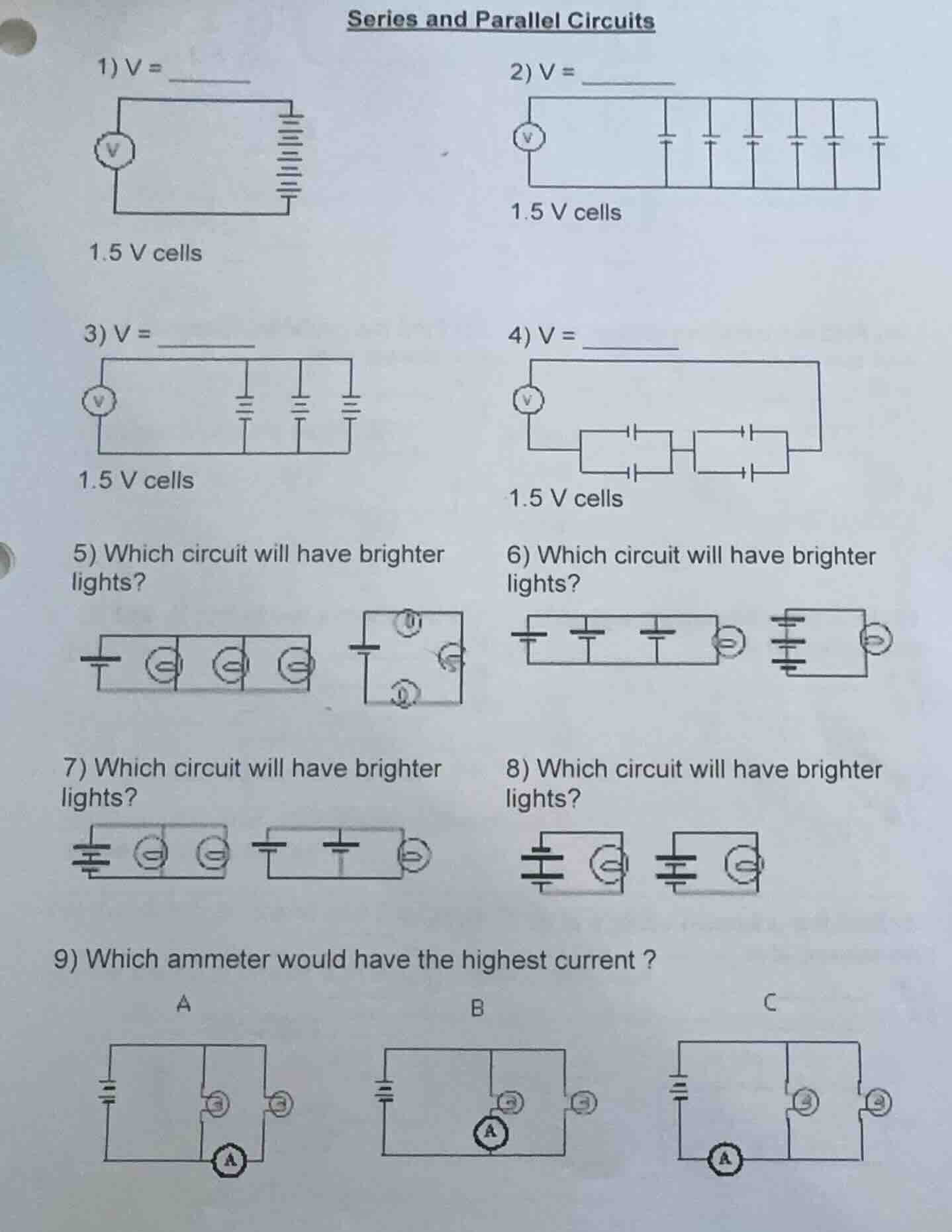 series and parallel circuits 1) v = 1.5 v cells 2) v = 1.5 v cells 3) v…