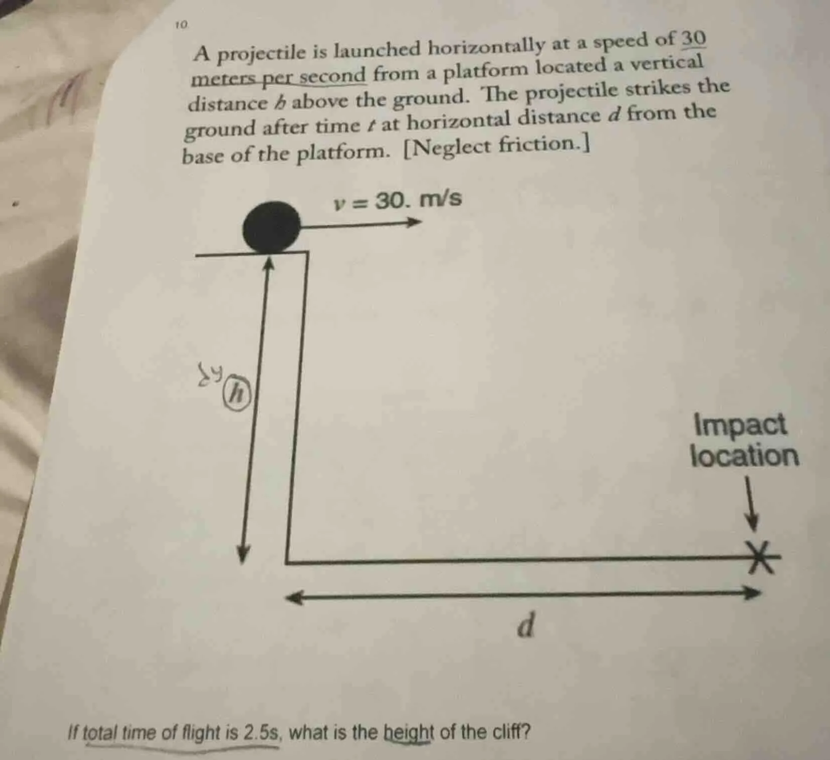 10. a projectile is launched horizontally at a speed of 30 meters per s…