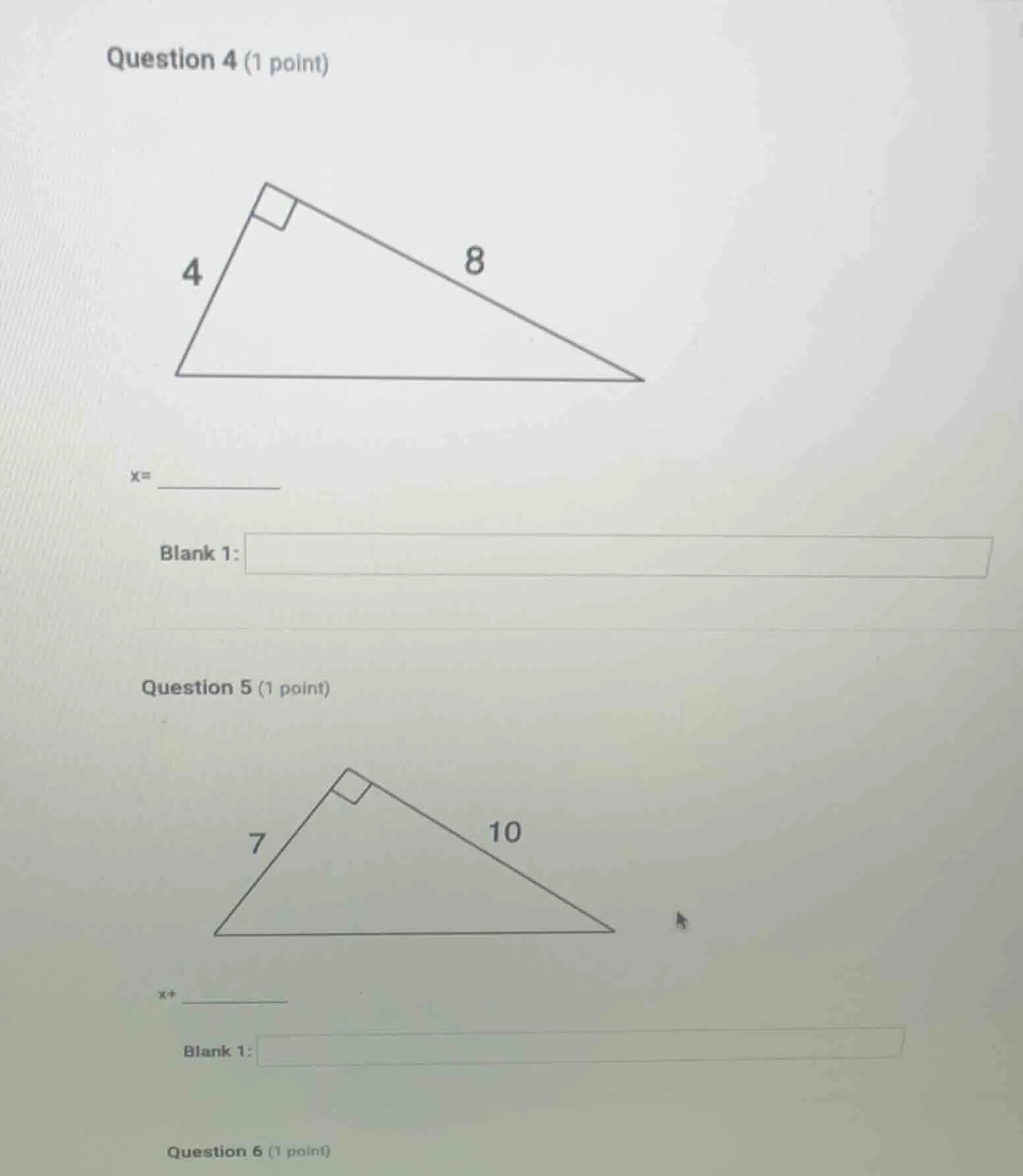 question 4 (1 point) right triangle with legs 4 and 8, hypotenuse x x= …
