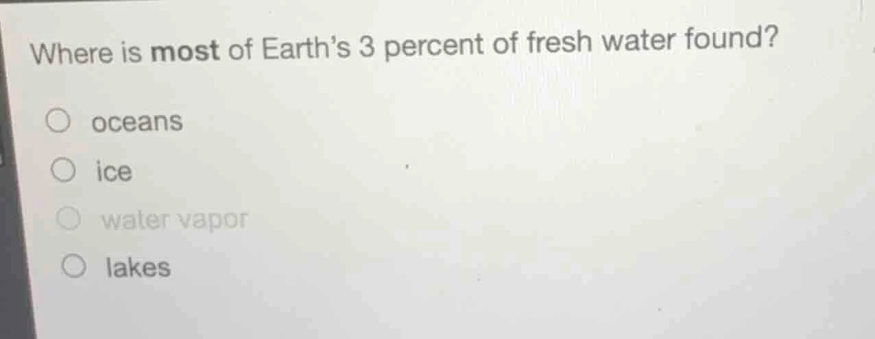 where is most of earths 3 percent of fresh water found? oceans ice wate…
