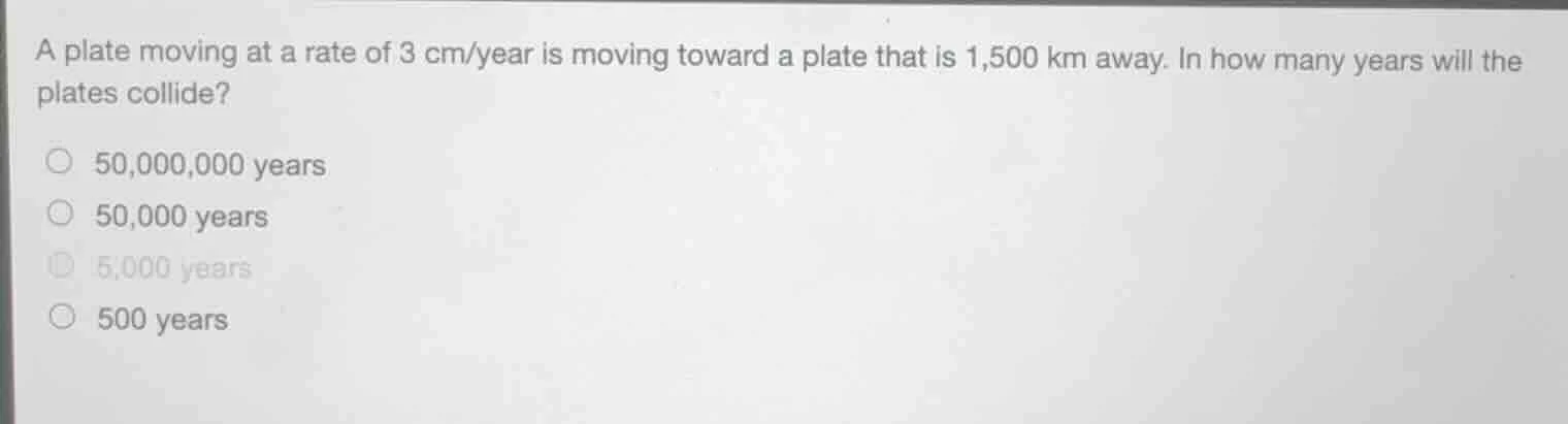 a plate moving at a rate of 3 cm/year is moving toward a plate that is …