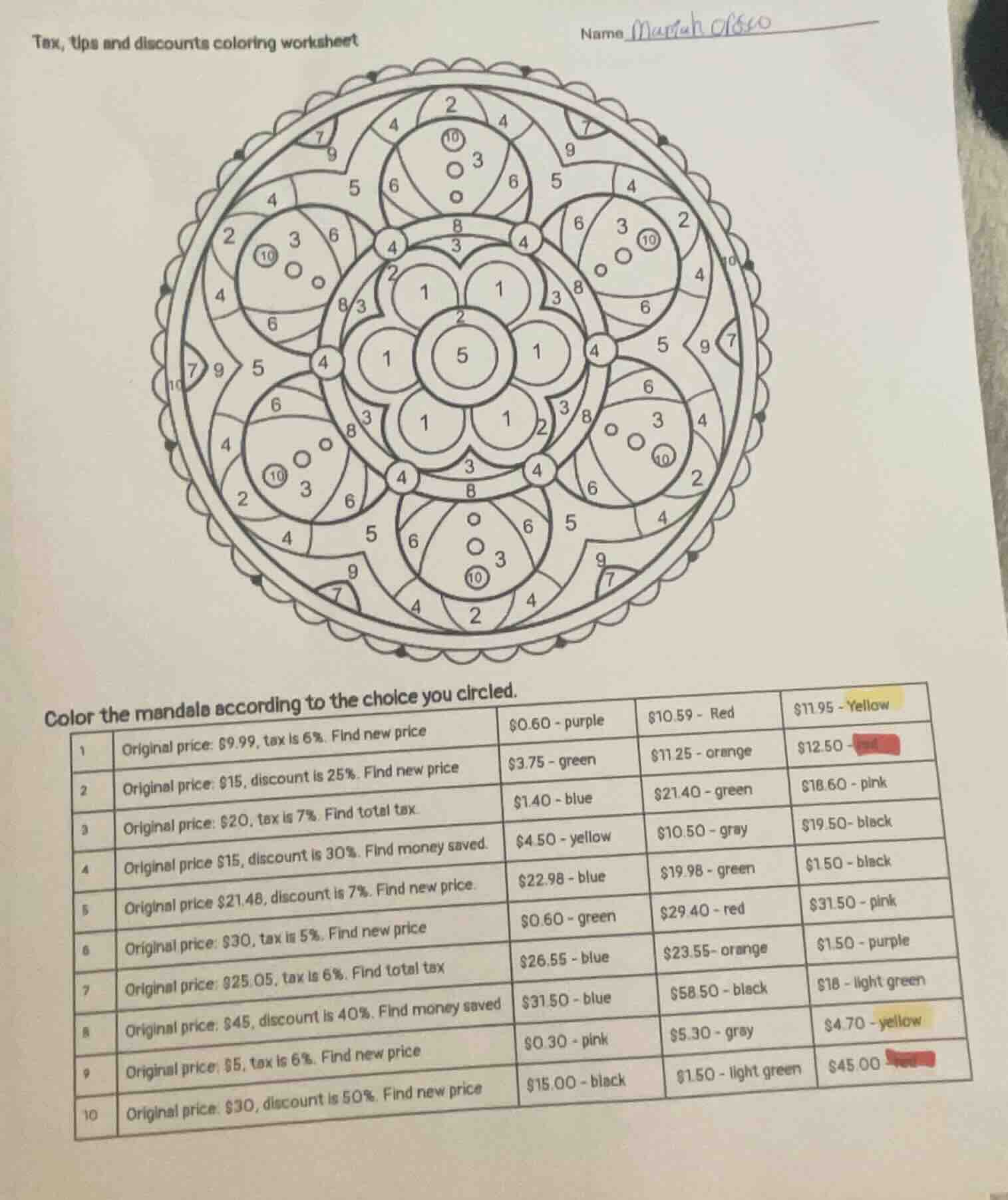 tax, tips and discounts coloring worksheet name mariah orsso color the …