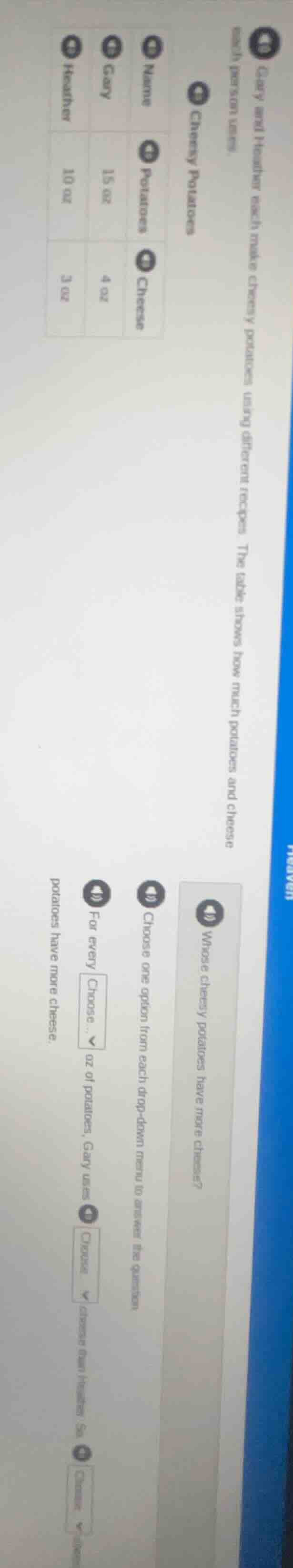 gary and heather each make cheesy potatoes using different recipes. the…