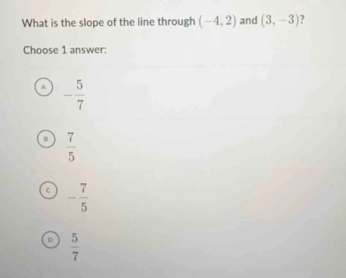 what is the slope of the line through (-4, 2) and (3, -3)? choose 1 ans…
