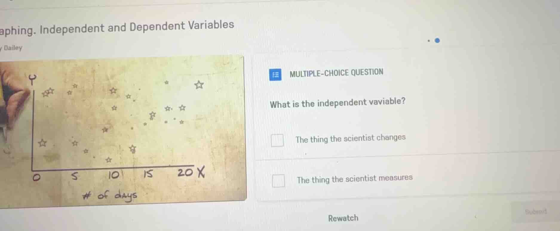 graphing. independent and dependent variables by dailey multiple-choice…