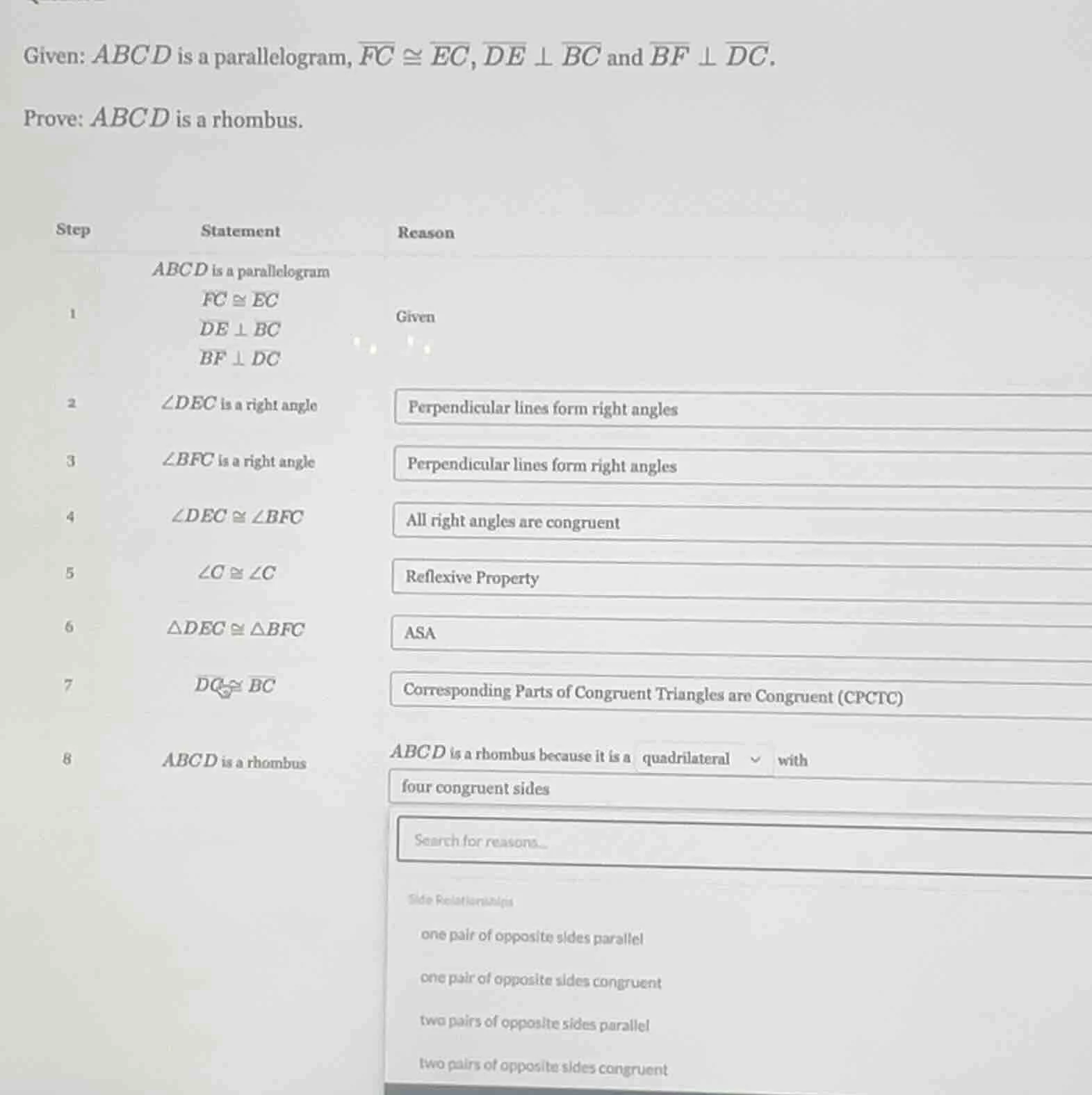 given: abcd is a parallelogram, \\(\\overline{fc} \\cong \\overline{ec}…