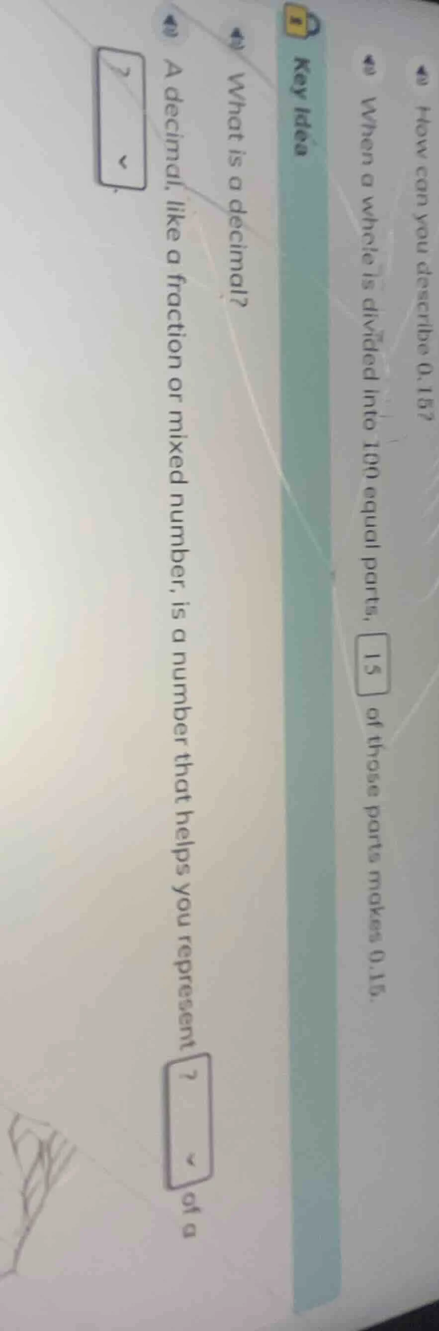 how can you describe 0.15? when a whole is divided into 100 equal parts…