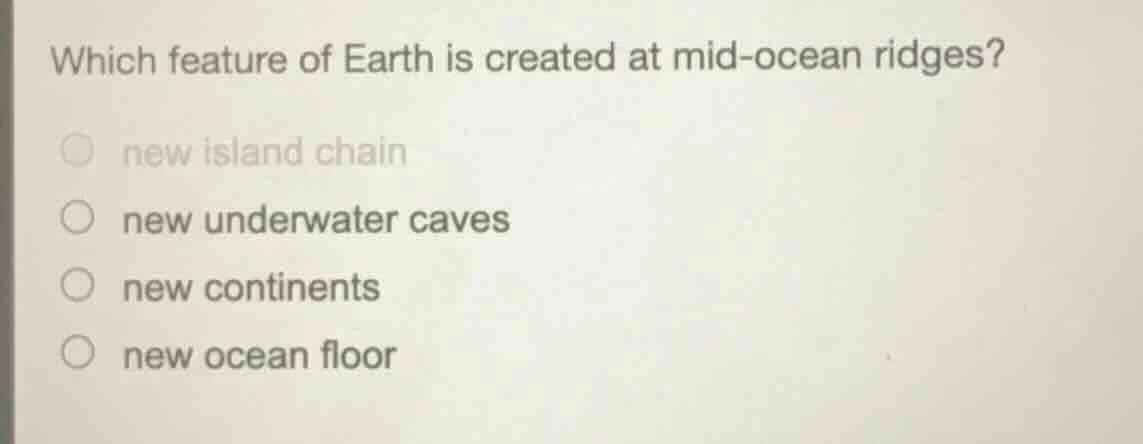 which feature of earth is created at mid-ocean ridges? ○ new island cha…
