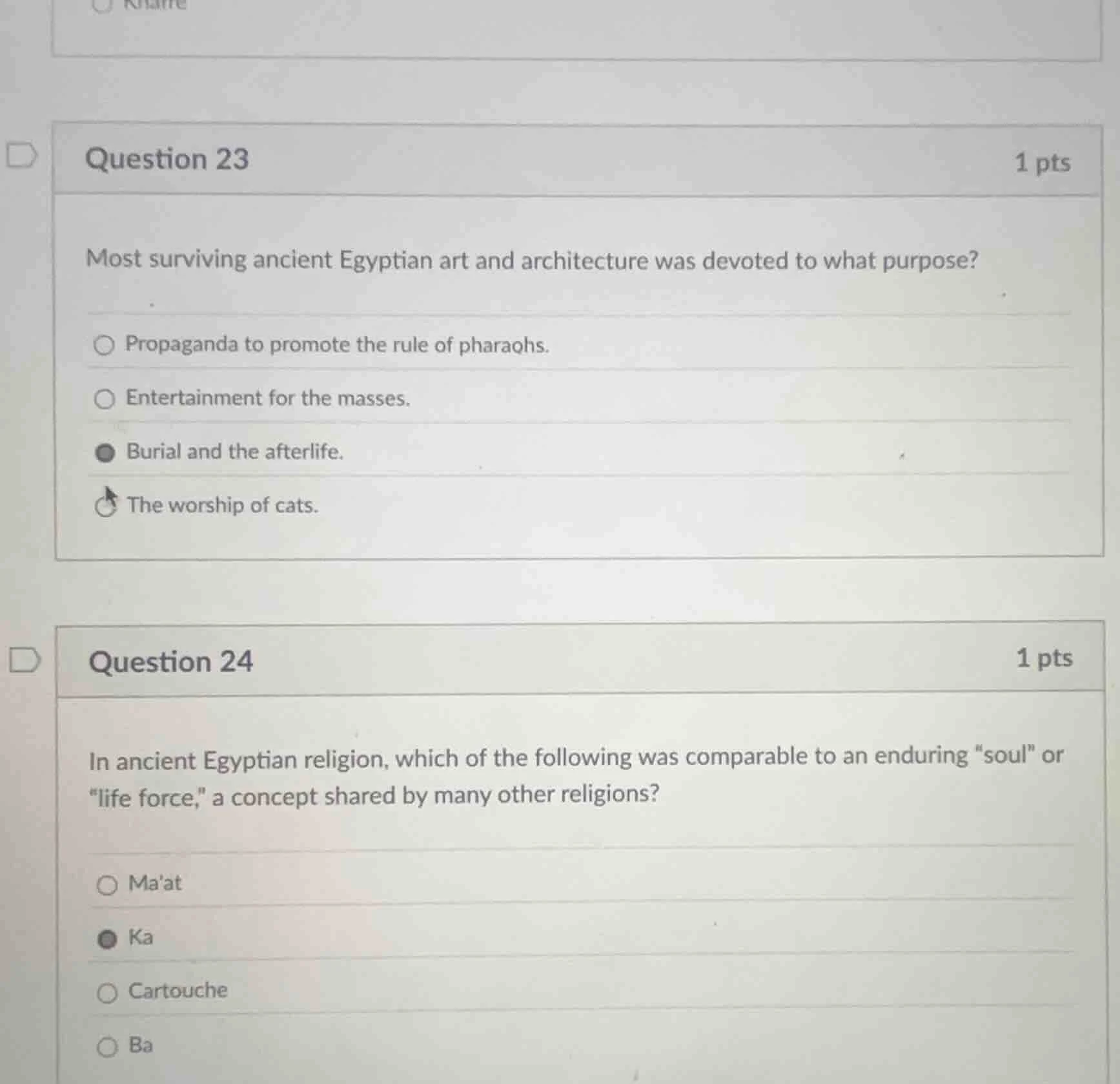 question 23 1 pts most surviving ancient egyptian art and architecture …