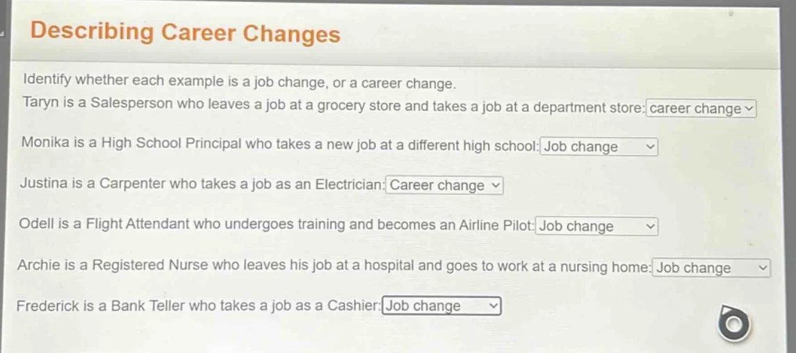 describing career changes identify whether each example is a job change…