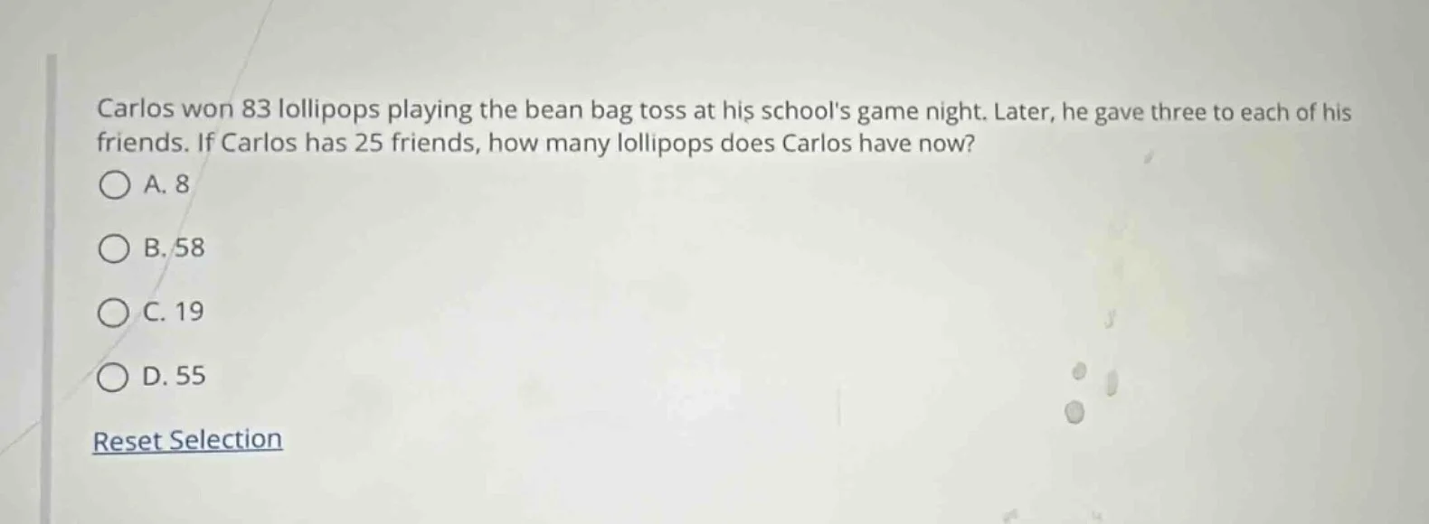 carlos won 83 lollipops playing the bean bag toss at his schools game n…