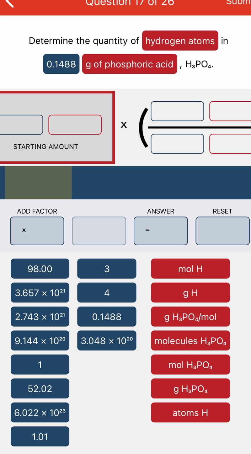 determine the quantity of hydrogen atoms in 0.1488 g of phosphoric acid…