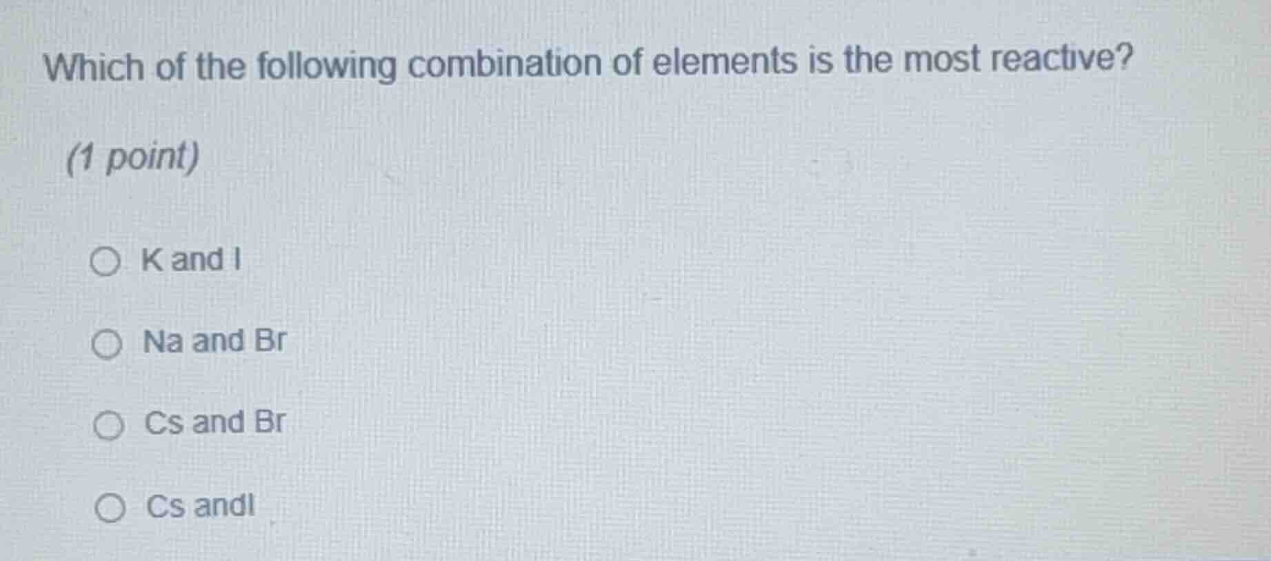 which of the following combination of elements is the most reactive? (1…