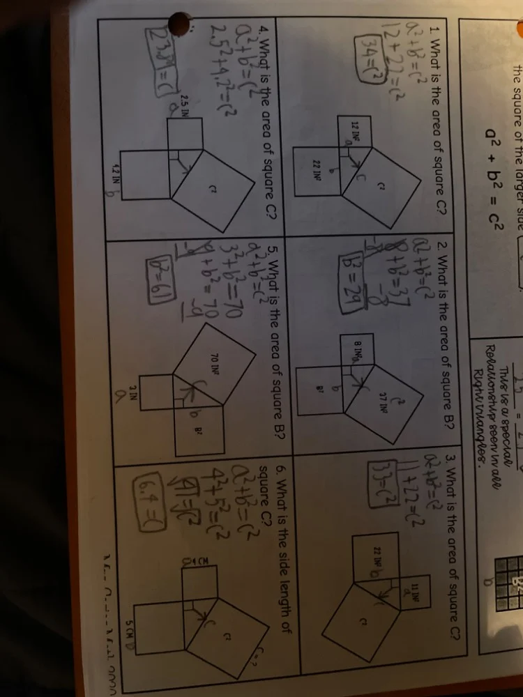 1. what is the area of square c? 2. what is the area of square b? 3. wh…