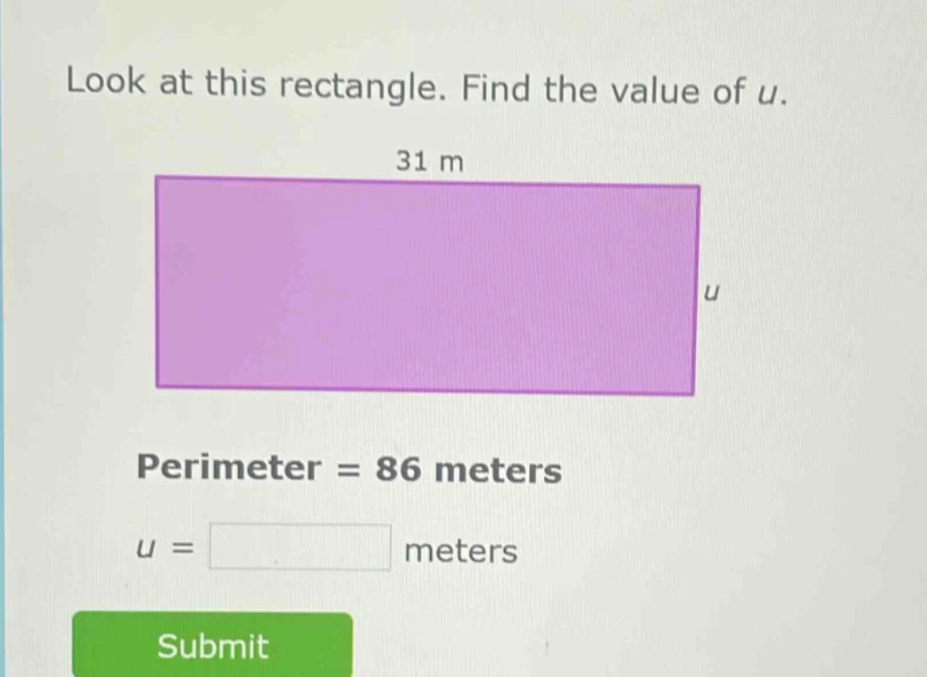 look at this rectangle. find the value of u. 31 m purple rectangle with…