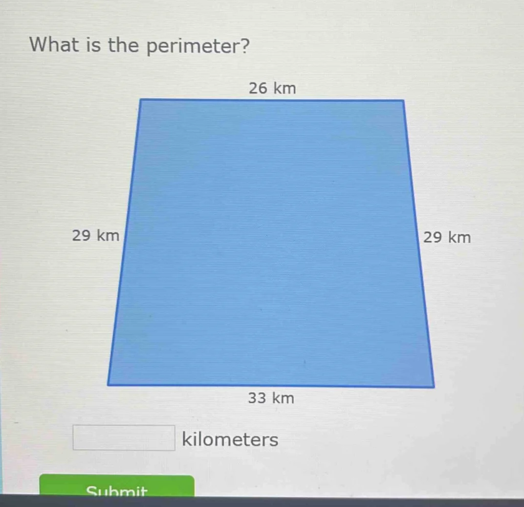 what is the perimeter? 26 km 29 km 29 km 33 km blank kilometers submit