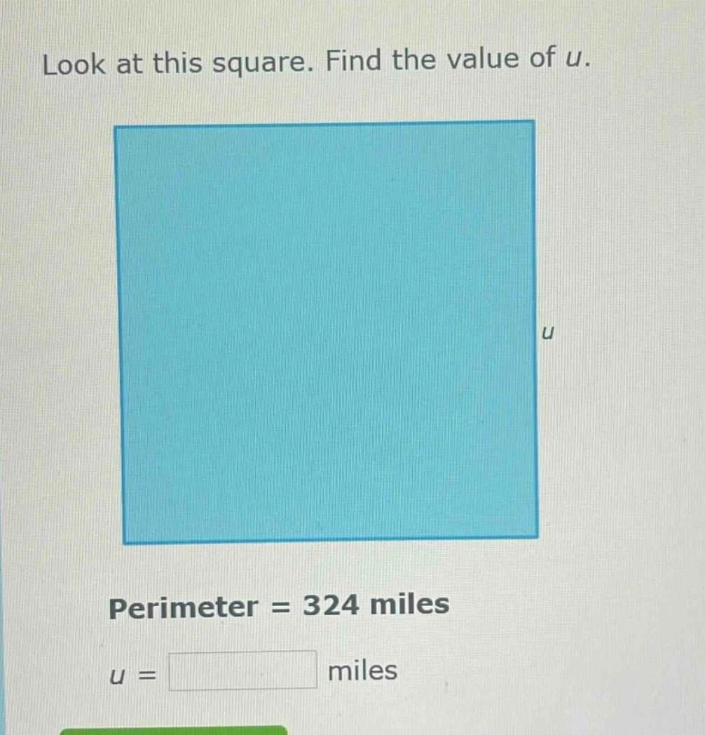 look at this square. find the value of u. blue square with side labeled…