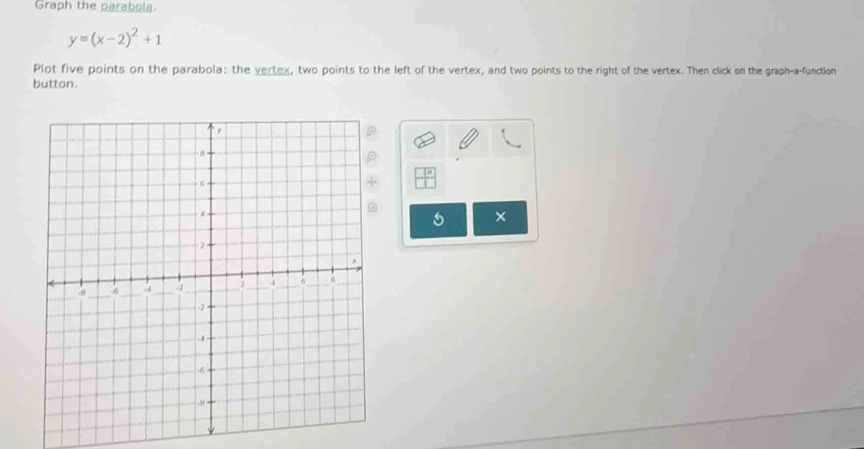 graph the parabola. \\( y=(x-2)^{2}+1 \\) plot five points on the parab…