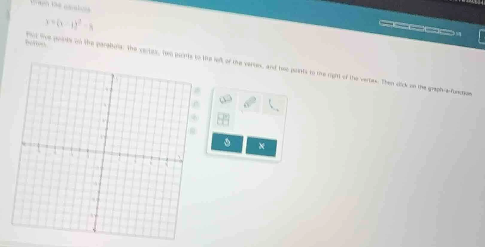 graph the parabola: $y = (x - 1)^2 - 5$ plot five points on the parabol…