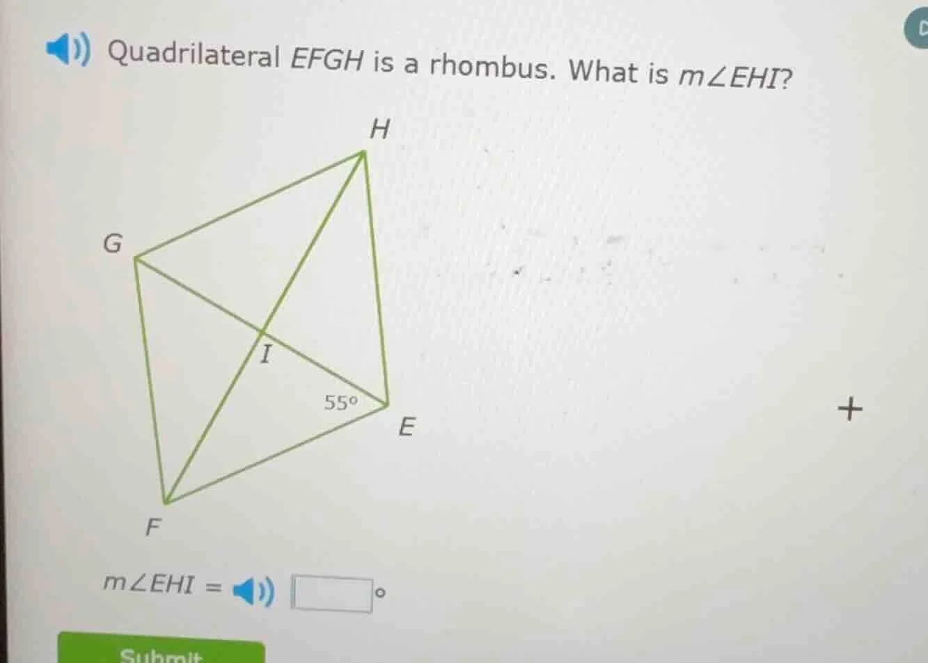 quadrilateral efgh is a rhombus. what is m∠ehi? (there is a rhombus efg…