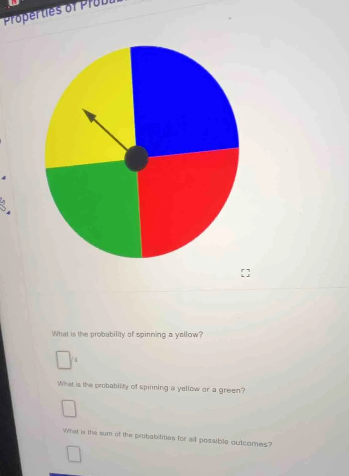 what is the probability of spinning a yellow? □/4 what is the probabili…