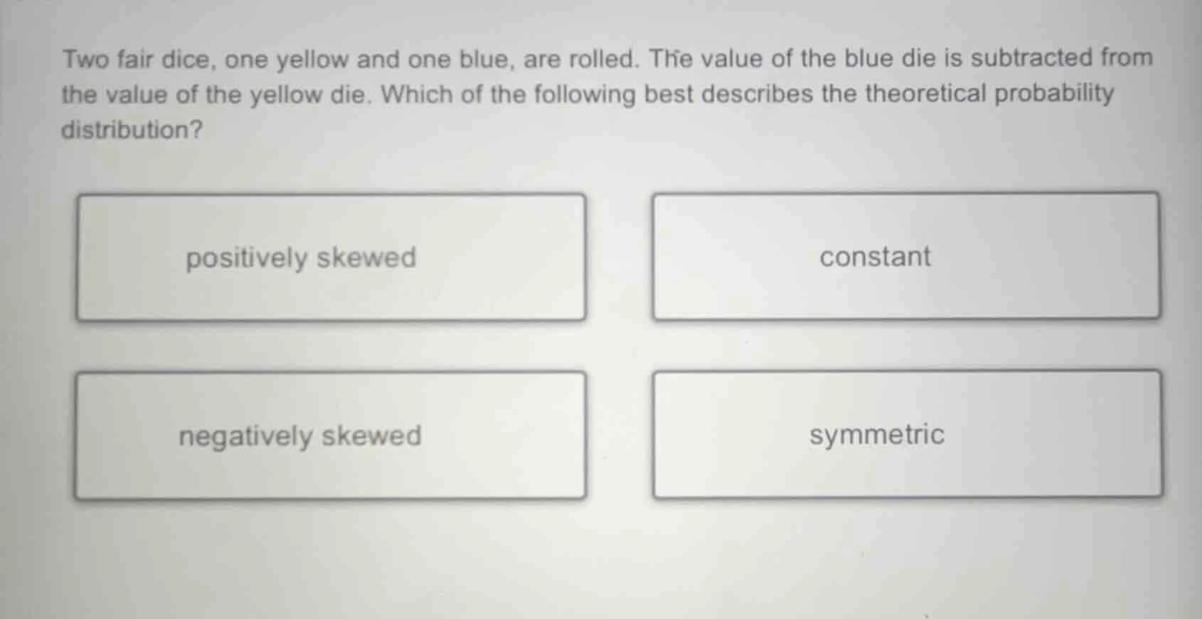 two fair dice, one yellow and one blue, are rolled. the value of the bl…