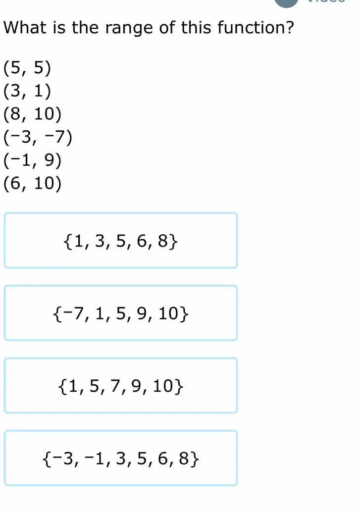 what is the range of this function? (5, 5) (3, 1) (8, 10) (-3, -7) (-1,…