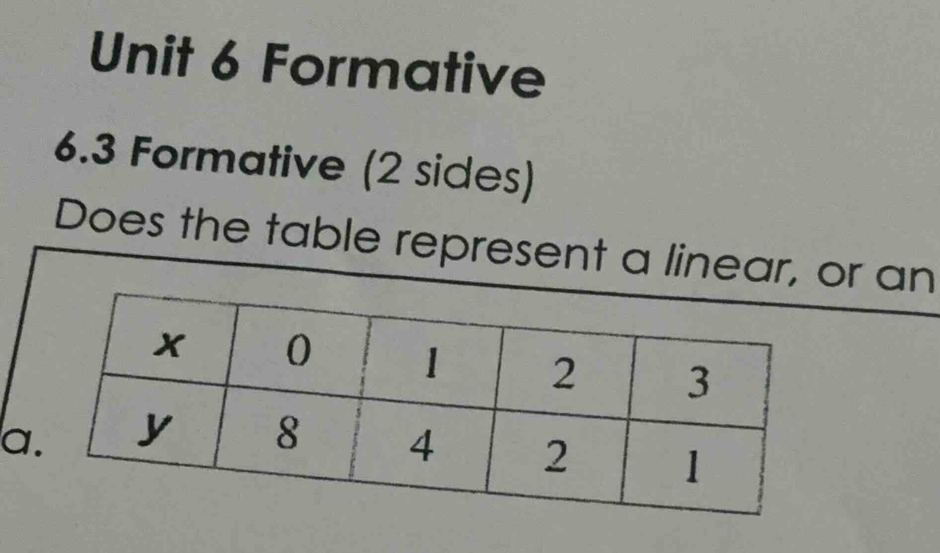 unit 6 formative 6.3 formative (2 sides) does the table represent a lin…
