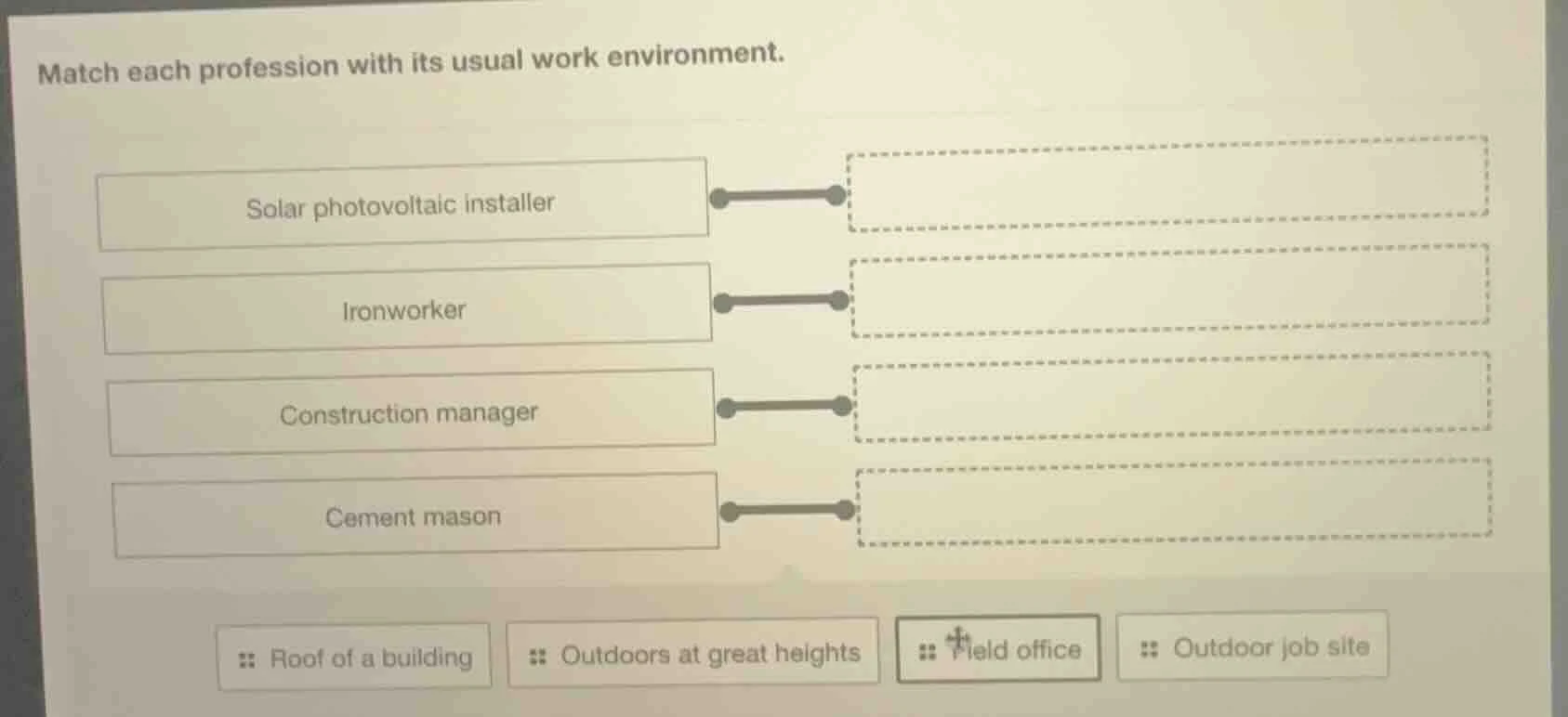 match each profession with its usual work environment. solar photovolta…
