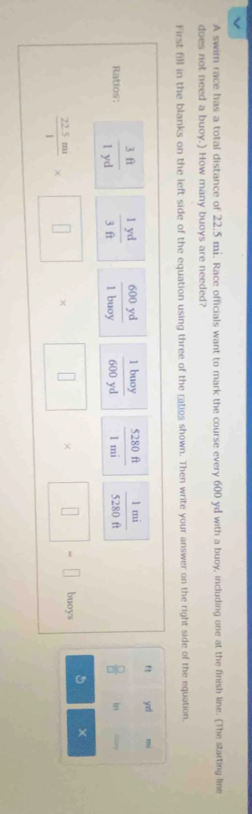 a swim race has a total distance of 22.5 mi. race officials want to mar…