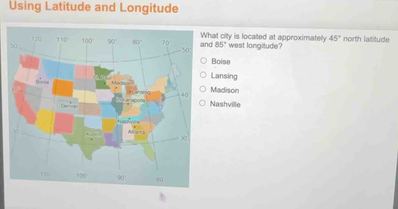 using latitude and longitude what city is located at approximately 45° …