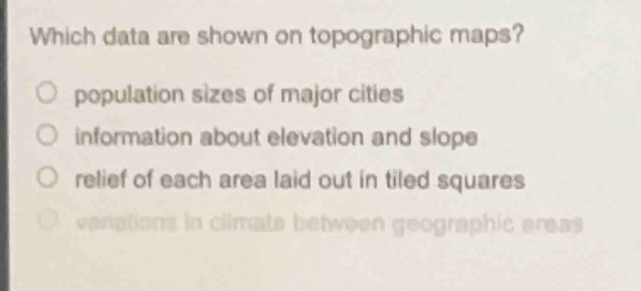 which data are shown on topographic maps? ○ population sizes of major c…