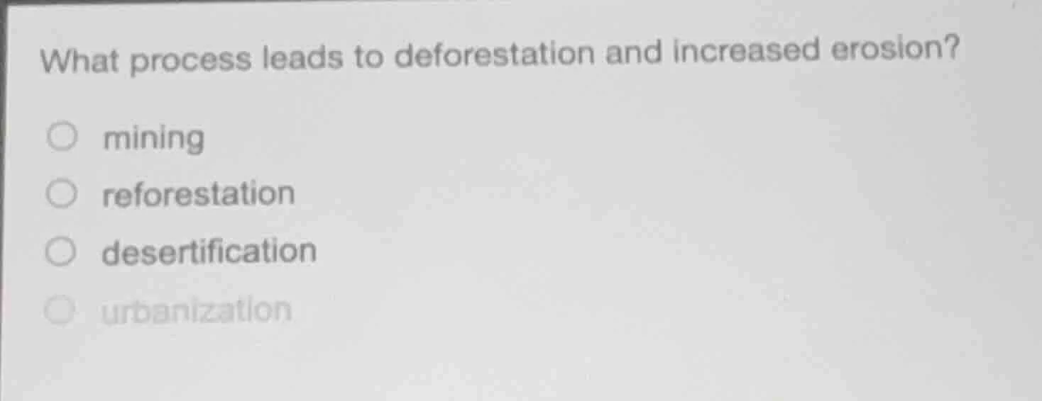 what process leads to deforestation and increased erosion? ○ mining ○ r…