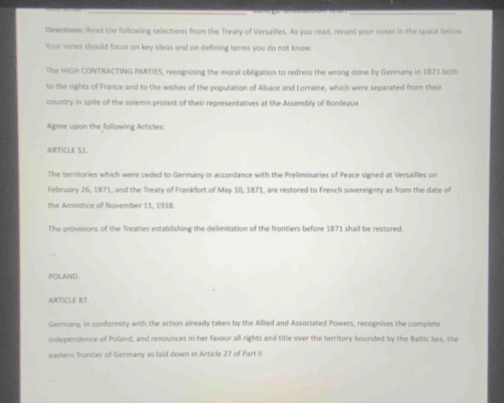 directions: read the following selections from the treaty of versailles…